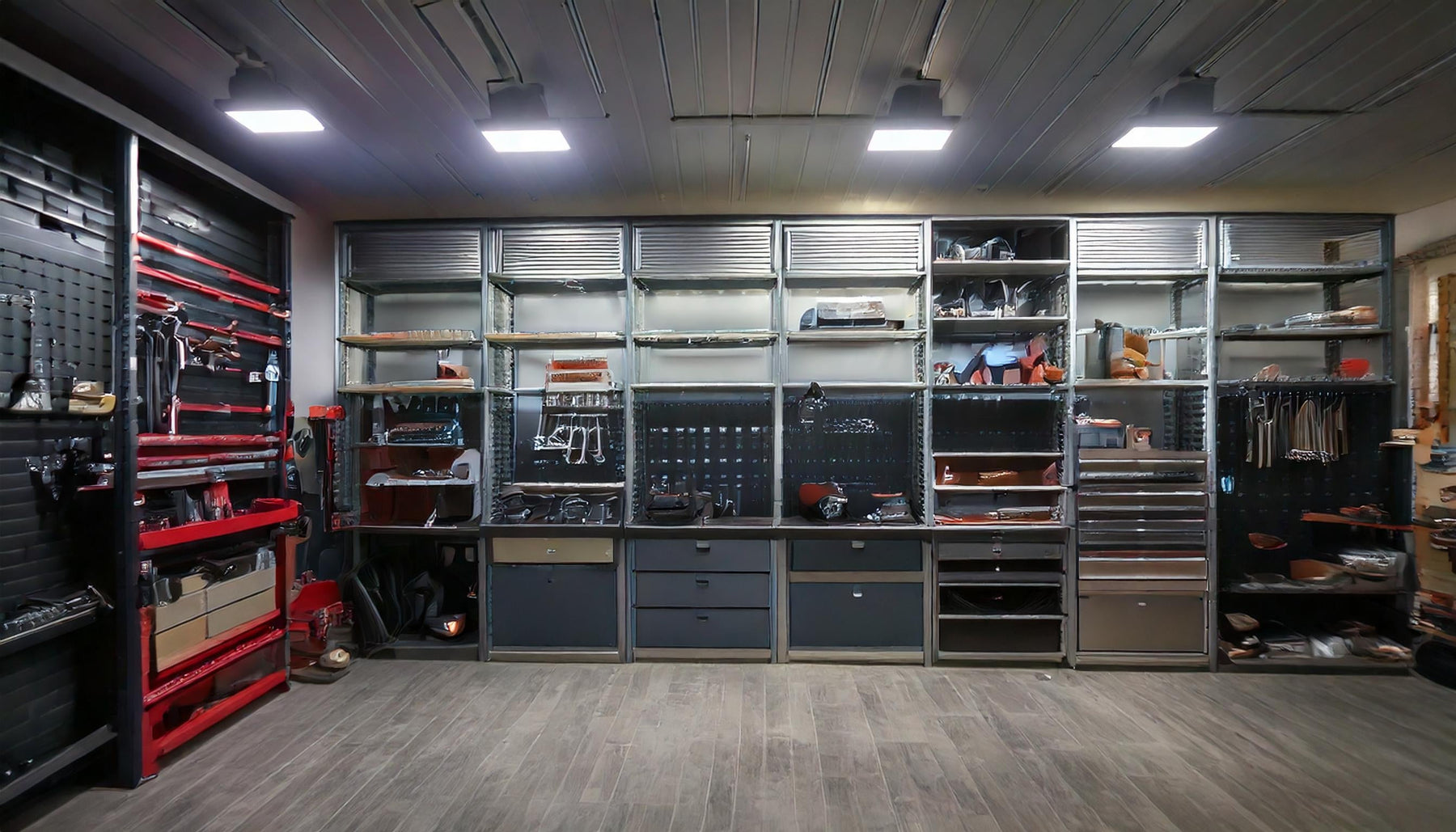 Well-organized garage with heavy-duty metal storage cabinets, featuring reinforced doors, adjustable shelves, and a sleek industrial design.