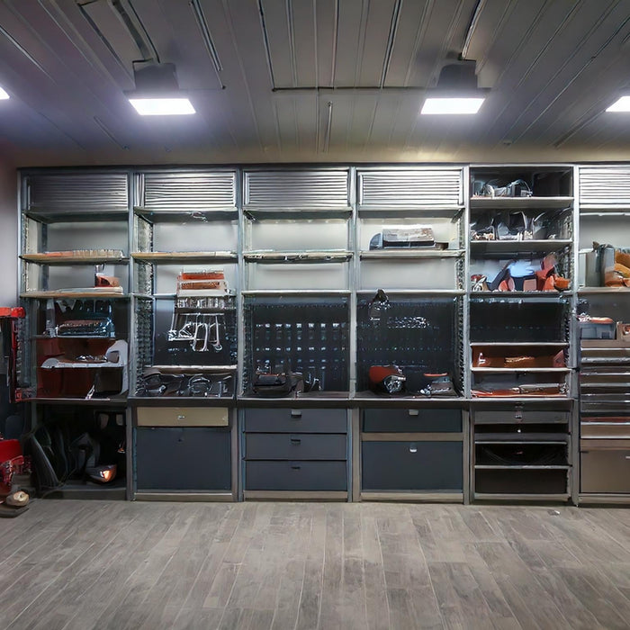 Well-organized garage with heavy-duty metal storage cabinets, featuring reinforced doors, adjustable shelves, and a sleek industrial design.