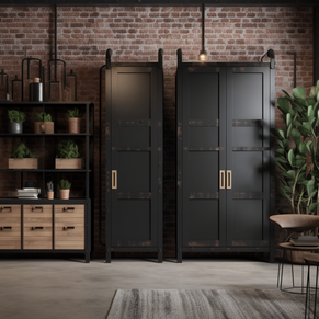 A modern industrial interior showcasing versatile storage cabinets.