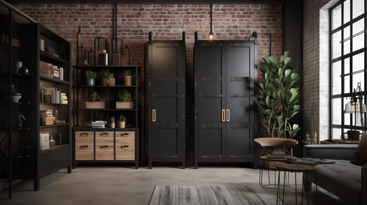 A modern industrial interior showcasing versatile storage cabinets.