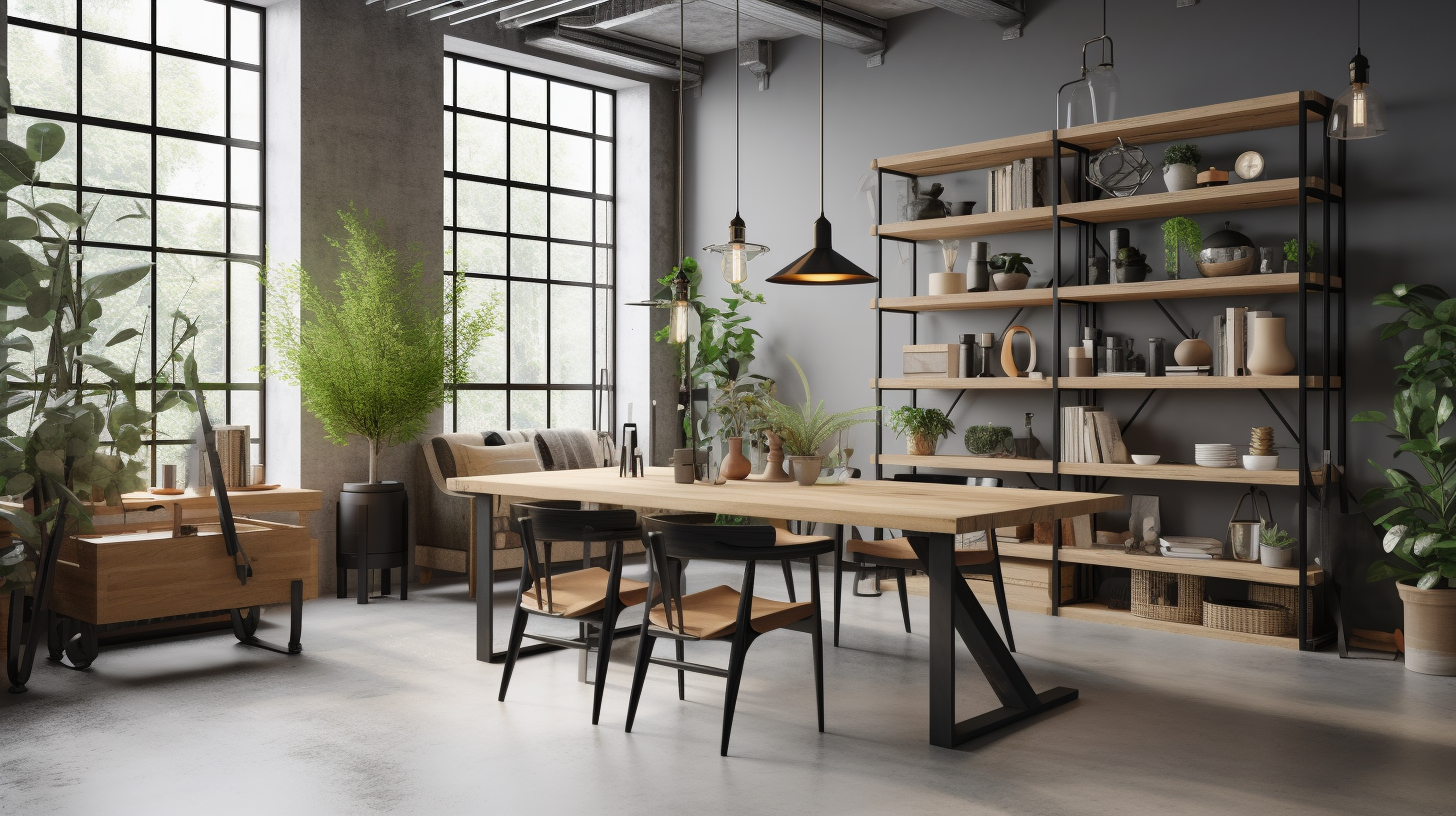 Highlight key pieces like a reclaimed wood dining table with black metal legs, a minimalist shelving unit with raw steel frames, and a cozy industrial-style armchair with leather upholstery