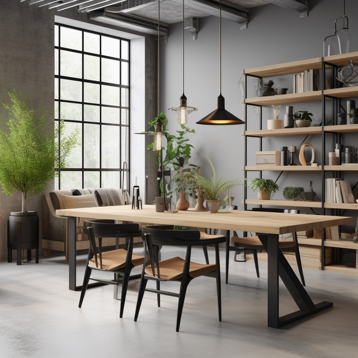 Highlight key pieces like a reclaimed wood dining table with black metal legs, a minimalist shelving unit with raw steel frames, and a cozy industrial-style armchair with leather upholstery
