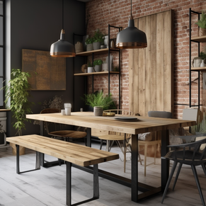 A stylish industrial dining room featuring a wooden table with metal legs, matching benches, indoor plants on a windowsill and shelves, exposed brick walls, and modern black pendant lights.```