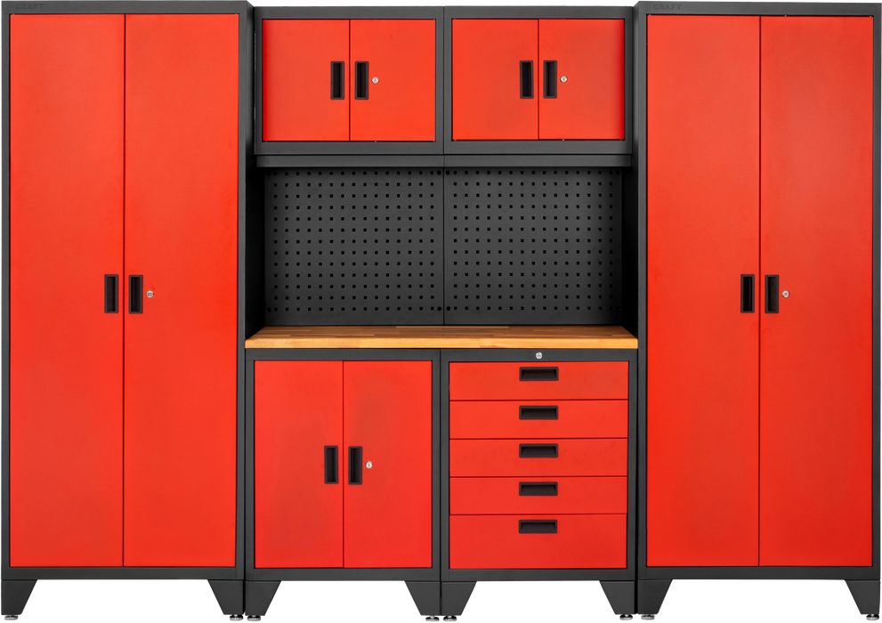 CRFT-S007173.B/R Superior 4 Piece Cabinet Set with Tall Cabinet, Wall Cabinet, Tool Cabinet, Black/Red