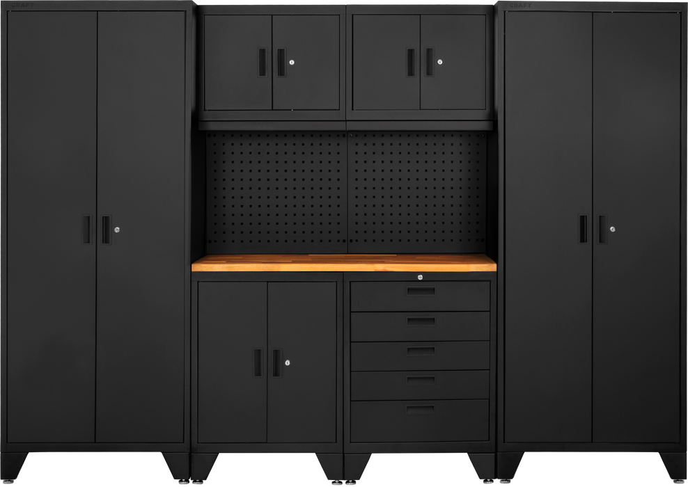 CRFT-S007173.B/B Superior 4 Piece Cabinet Set with Tall Cabinet, Wall Cabinet, Tool Cabinet, Black/Black