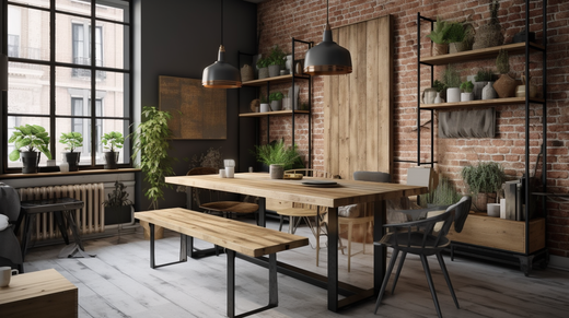 A stylish industrial dining room featuring a wooden table with metal legs, matching benches, indoor plants on a windowsill and shelves, exposed brick walls, and modern black pendant lights.```