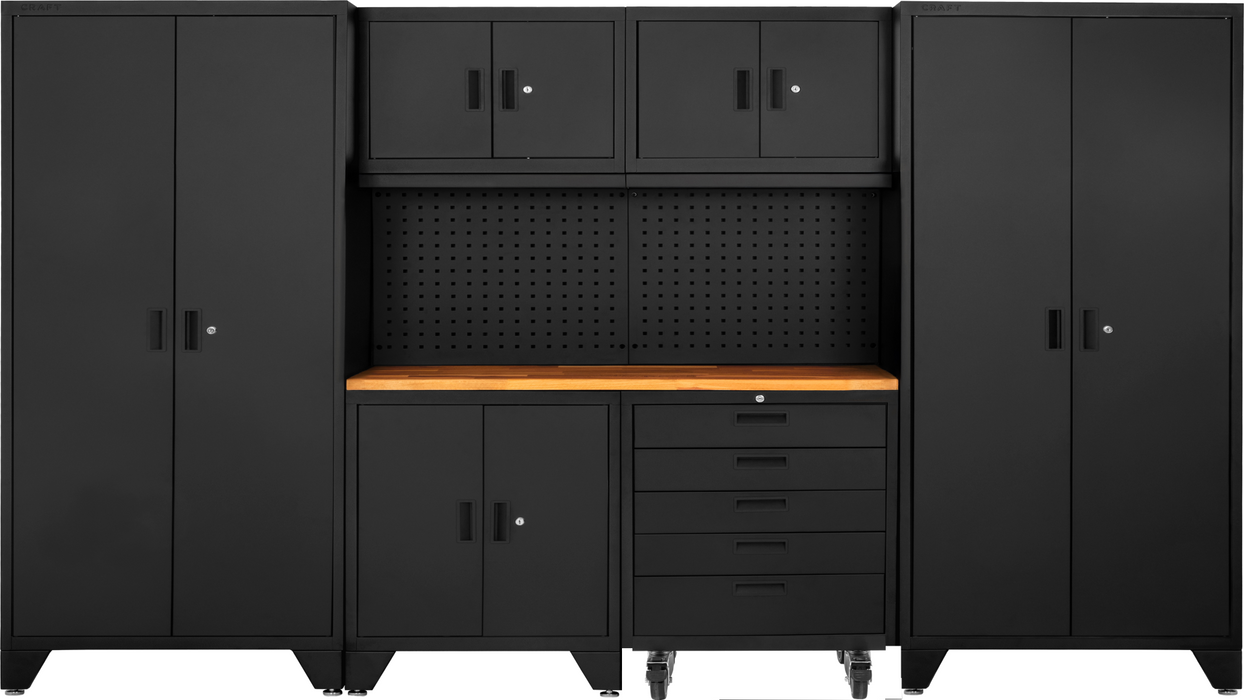 Superior 9 Piece Cabinet Set with Tall Cabinet, Wall Cabinet, Base Cabinet, Tool Cabinet, Black/Black