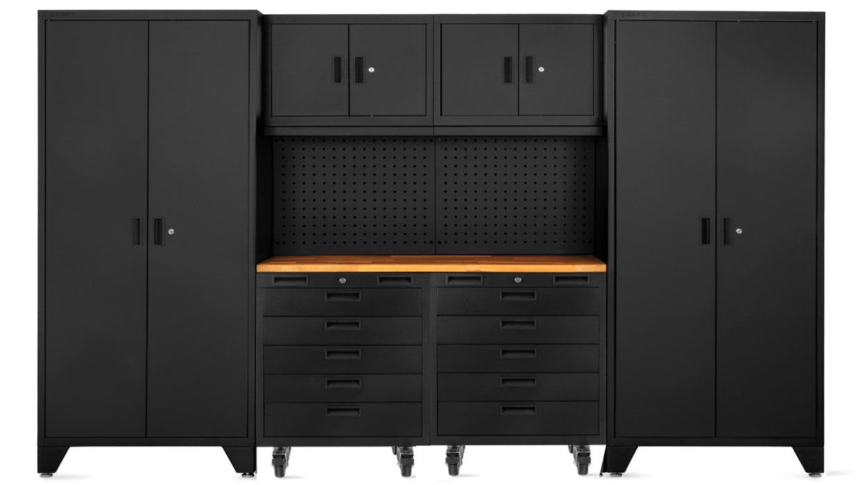 Superior 9 Piece Cabinet Set with Tall Cabinet, Wall Cabinet, Tool Cabinet, Black/Black